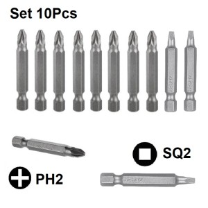 Set 10pcs Screwdriver Bits 8pcs PH2 S2 and 2pcs Square SQ2